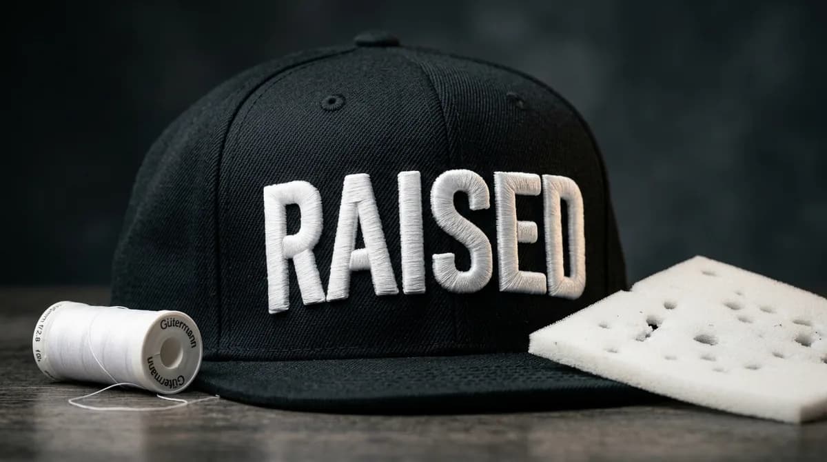 3D puff embroidery digitizing with raised satin stitches on a structured baseball cap
